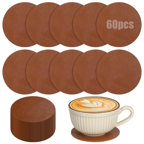 Oqqlin 60 Pcs PU Leather Coasters 4 Inch Round Leather Coasters 10 mm Thickness Brown Drink Coaster for Home Coffee Tabletop Protection Home Decoration