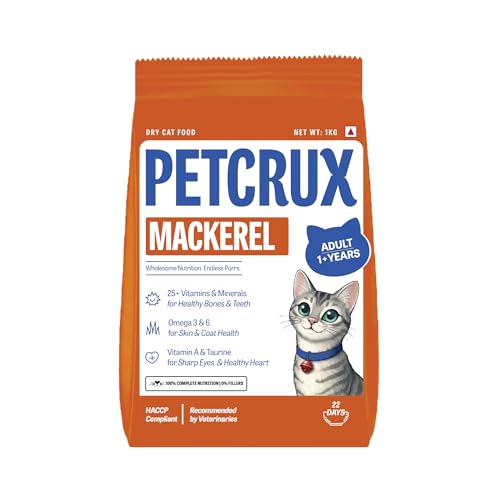 Image of Petcrux Dry Adult Cat Food, Mackerel Fish Flavor, with Omega 3 & 6 and Taurine, Complete & Balanced Nutrition for Adult Cats, 1 kg