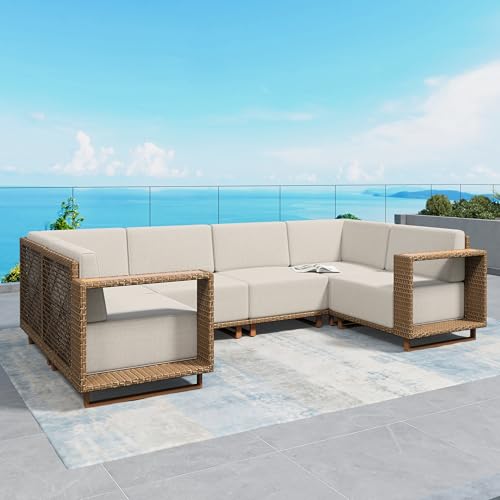 Image of SUNSHINE VALLEY Patio Furniture Set, Outdoor Sectional Yellow Rattan Wicker Sofa with 10''Ultra-Thick Cushions, All Weather Conversation Set, 6 Seats Lawn Garden Backyard Furniture
