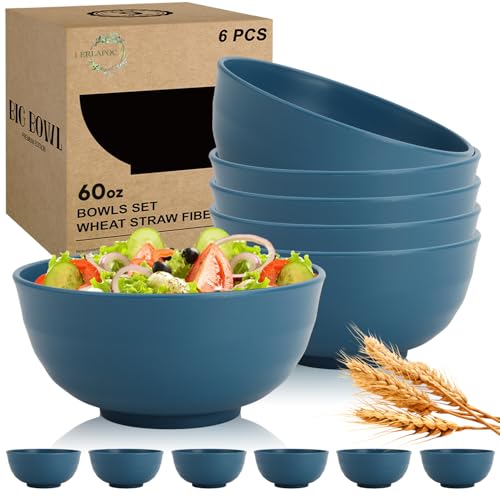 Image of Wheat Straw Bowls Set of 6, 60 OZ Unbreakable Camping Bowls, Microwave Safe & Dishwasher Safe, Large Salad Bowls for Outdoor, Picnic, RV Trips, Ramen, Cereal, Soup, Dark Blue