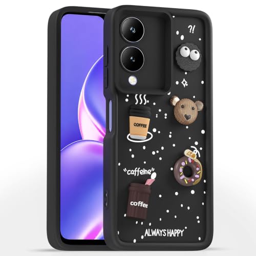 Image of Bintage Cute Fun Taddy Cartoon 3D Ball Bear Milk Donut Coffee Cup Silicon Case Full Body & Camera Protection Back Cover Compatible for Vivo Y17s - Black