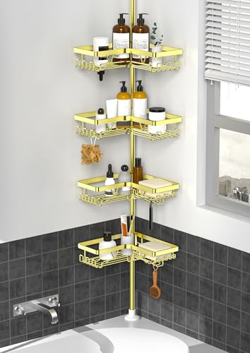 Image of KEGII Corner Gold Shower Caddy Tension Pole - 4-Tier Rustproof Shower Rod Organizer, Floor to Ceiling Tension Rod 25-114.2 inch, Stainless Steel Corner Shower Shelf, Waterproof