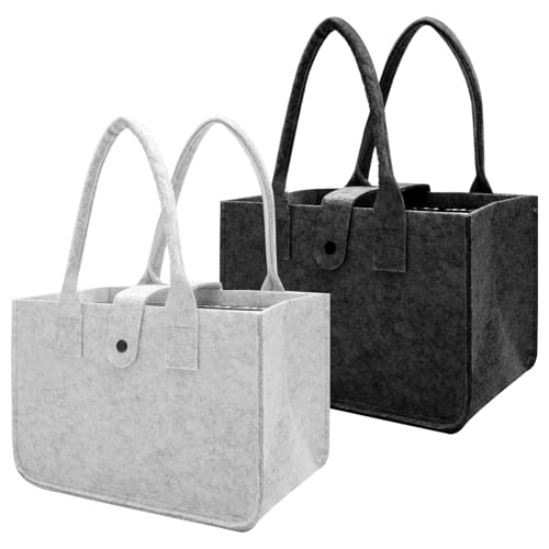 2 bolsas de fieltro para la compra, bolsas de fieltro plegables para la compra, bolsas de fieltro pequeñas, cesta de fieltro, 30 x 20 x 18 cm, gris claro y gris oscuro, para compras y uso diario