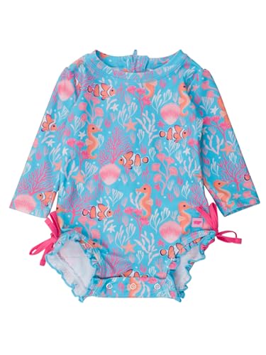 Image of RuffleButts Baby Girls UPF 50+ Sun Protection Floral Printed Long Sleeve One Piece Rash Guard Swimsuit with Zipper
