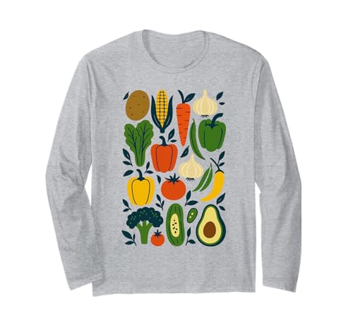 Retro Vegetable Garden Pattern Veggie Farmer Market Vegan Long Sleeve T-Shirt