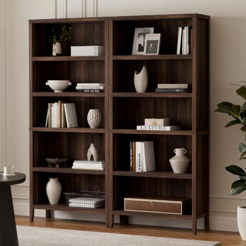 Image of EYYTHUNG Farmhouse 71 inch Tall Bookshelf Set of 2, Large Freestanding Wooden Open Bookcase with Adjustable Shelf, Wood Display Book Shelf for Living Room, Office, Brown