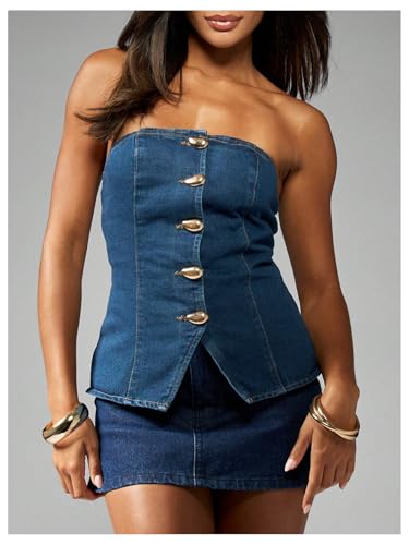 MakeMeChic Women's Strapless Denim Vest Metal Button Down Split Cowgirl Tube Tops3