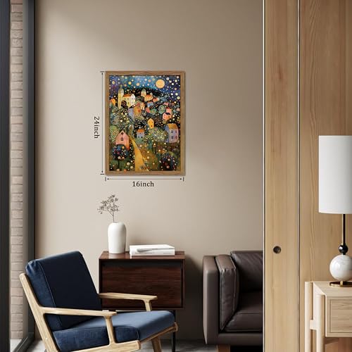 Image of Abstract Moon Stars Tree Framed Canvas Wall Art - Vintage Gustav Klimt Style Oil Painting Print, Village Night Landscape Decor for Living Room Bedroom Nursery Office 16x24 inch