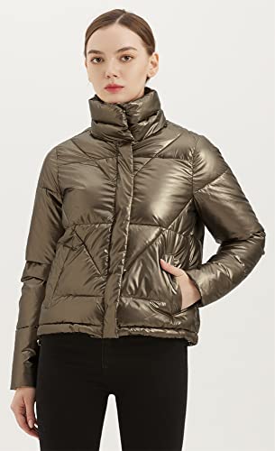 Crissrexo Women's Quilted Metallic Shiny Puffer Jacket Winter Warm Full Zipper Stand Collar Padded Short Coat (Dark Gold, X-Large) #TOP1