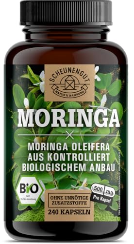 Moringa Kapseln Bio -240 Stk- WICHTIG: Zertifiziertes Bio Moringa Oleifera Blattpulver- Laborgeprüft und Ohne Zusätze -Moringa Pulver Hochdosiert- Bio Zertifiziert DE SCHEUNENGUT