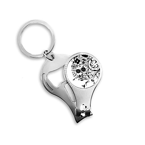 Porte-clés cadeau motif fleur noir blanc avec coupe-ongles et décapsuleur