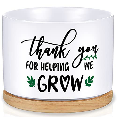 Newtay Teachers Appreciation Gift Thank You for Helping Me Grow Gifts Ceramic Succulent Pots Graduation White Flower Teacher Planter Pot with Bamboo Tray Succulent Accessories(1 Pcs,Fresh Style)