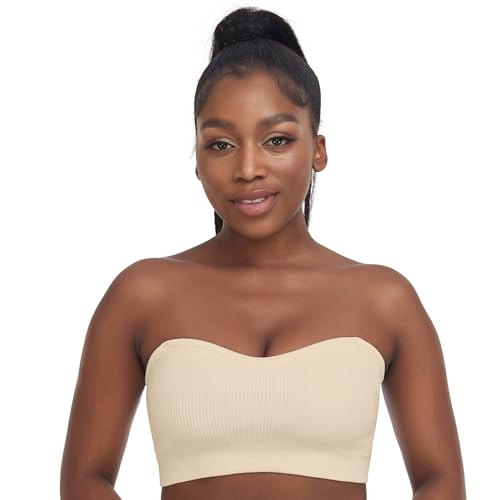 Zimcti Women's Strapless Bra Comfortable Non-Slip Silicone Bandeau Bra Seamless Tube to Bra Beige XL