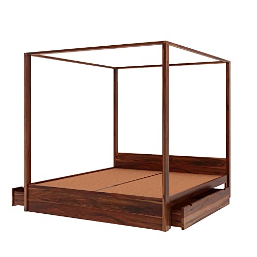 Image of Solid Sheesham Wood Queen Size Poster Bed 2 Drawer Storage for Bed Room Living Room Home Wooden Double Bed Palang Solid Wood Bedroom Furniture for Hotel (Honey Finish)