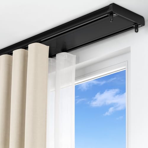 Houmiggle Double Curtain Track Ceiling Mount 9ft, Heavy Duty Tracks, Black