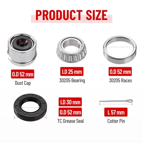 Image of 2 Set Trailer Axle Bearing Kit 30205 for 25mm Axles Wheel Hub | Axles bearing kit with 30205 bearings & races, TC 30x52x10mm seals, dust caps and cotter pins, for 25mm axle wheel hubs