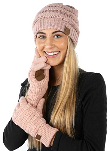 Image of Funky Junque Women's Beanie & Touchscreen Gloves Set - Soft 100% Acrylic Knit Winter Hat and Gloves, Cozy Cold Weather Gift