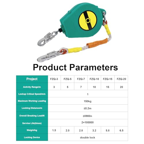 Aocay Dispositivo Anticaduta Retrattile Certificato 3-20 Mt, Dispositivo Anticaduta Tetto 150 Kg Con Gancio, Dispositivo Di Sicurezza Anticaduta Retrattile Per Tetto E Lavoro Aereo(Verde,5 Mt) - 8