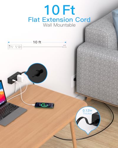 10Ft Extension Cord with Multiple Outlets, Flat Plug Power Strip Surge Protector with 10 Ft Long Cord, 6 Outlet 3 USB Ports (1 USB C), Multi Outlet Wall Plug for Travel, Dorm Room Essentials-Black - 3