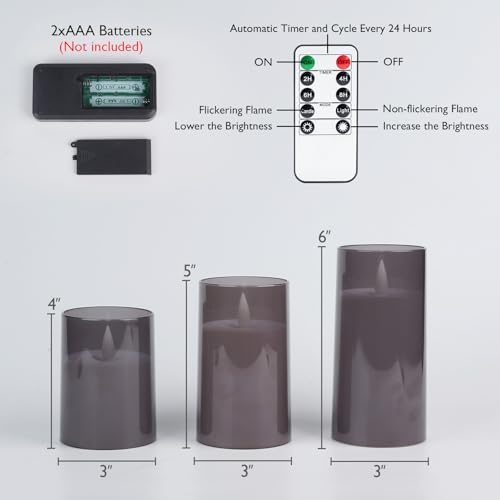 Image of Homemory Realistic Flickering Flameless Candles Battery Operated, LED Fake Electric Candles with Remote Control and Timer for Home, Christmas Decoration, Grey, Set of 3