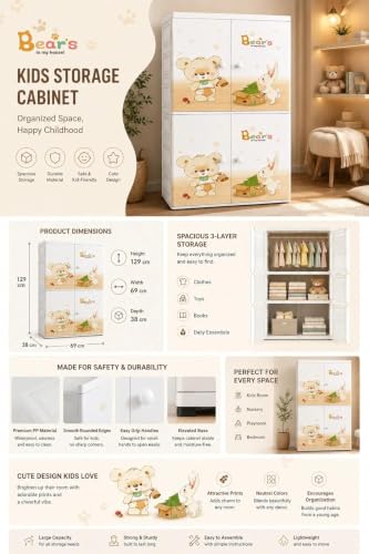 Image of Mevigo 4-Door Plastic Wardrobe for Kids| Almirah and Wardrobe for Baby Clothes| Modular Storage Cabinet with Wheel Organizer for Cupboard Rack for Clothes /Shoes /Books /Toy -White-Cute Bear