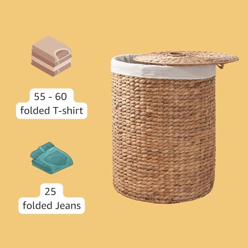 Image of Round Handwoven Laundry Basket with Lid, 15 x 15 x 20 in - Water Hyacinth Wicker Hamper for Bedroom, Nursery & Laundry Room