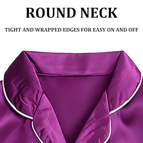 JiaYouLC Kids Pyjamas Girls Boys Short Sleeve Satin Pyjamas Button-Down Faux Silk Nightwear Children Sleepwear Teens Age 4-16 (UK, Age, 13 Years, 14 Years, Regular, Purple) - Image 5