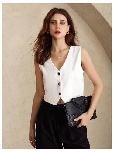 Women's Button Down Cropped Vest Top V Neck Sleeveless Split Hem Business Casual Tops4