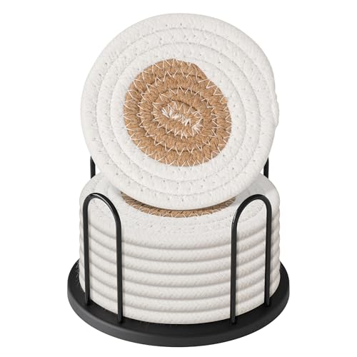 Coasters Set of 8 for Drinks, Beer, Coffee, Cotton Woven Absorbent Coaster with Holder, Boho Coasters for Home Decor Tabletop Protection Suitable for Kinds of Cups, White & Coffee
