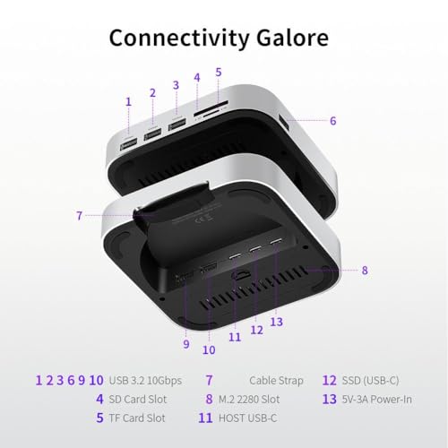 KASVIN For Mac Mini M4 ハブ & スタンド SSD+USBデュアルチャネル搭載 1000MB/s 6つのUSB 3.2 10Gbpsインターフェース搭載 SDTF3.0カードリーダー搭載 最大容量4TBの2280 NVMe SSDの取り付け for Mac Mini M4対応 の商品画像 1