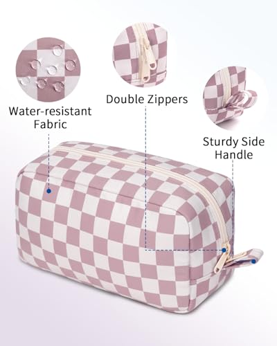 Image of Narwey Checkered Makeup Bag, Travel Cosmetic Bag Organizer, Toiletry Bag Make Up Bags with Organized Pockets for Women (Dusty Rose Checkerboard, Large)