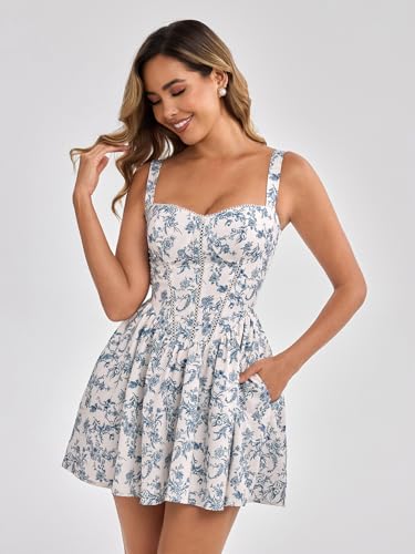 KUTUMAI Floral Corset Mini Dress Summer Flowy A Line Smocked Short Dresses for Women 2025 Sundress with Pockets2