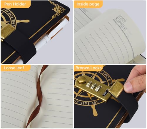 Journal en cuir A5 avec cadenas à combinaison bloc-notes noir - 3