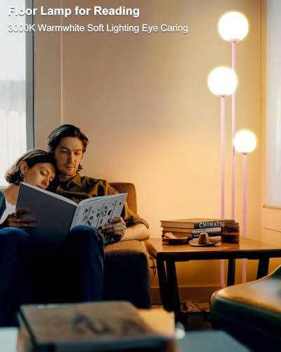 Image of 63IN 3-Light Dimmable Pink Floor Lamp, Unique Tall Standing Lamps with 3000K G9 Bulbs for Reading, Mid Century Modern Floor Lamp with 5Lbs Heavy Base for Living Room Bedroom Office