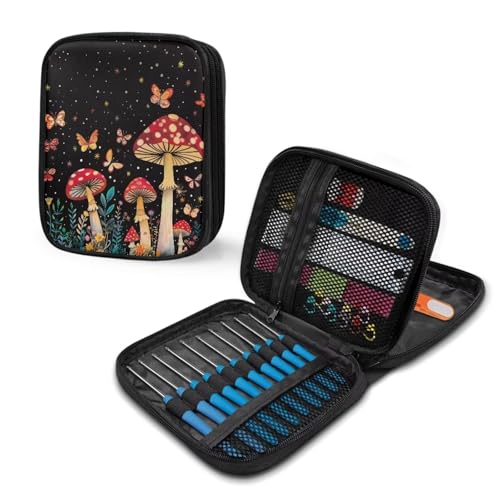 Image of Mushroom Crochet Hook Case with Web Pockets Floral Crochet Storage Organizer with Web Pockets Knitting Needle Case for Hooks, Knitting Needles Supplies