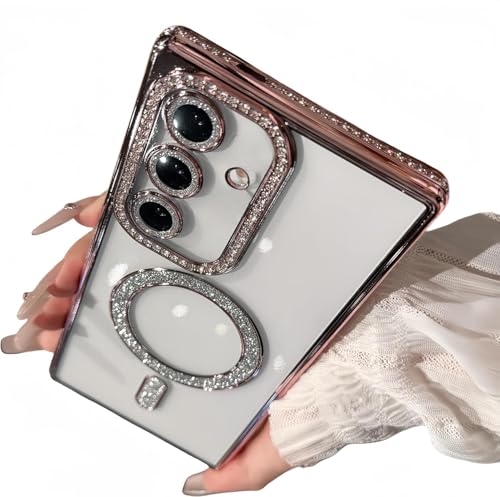 Image of for Samsung Galaxy Glitter Case,Luxury Bling Rhinestone Diamond Plated Bumper Case,MagSafe, Sparkle Camera Lens Protection Clear Back Cover (Pink, for Samsung Galaxy S25 Plus 5G)