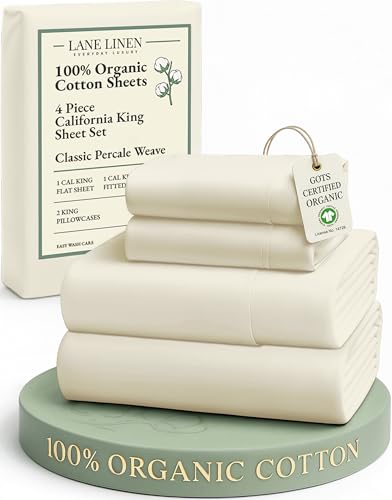 Image of LANE LINEN 100% Organic Cotton California King Sheets Set, 4-Piece Pure Organic Cotton Long Staple Percale Weave Soft Best Bedding Sheets for Bed, Breathable, Fits Mattress Upto 15 inch Deep - Natural