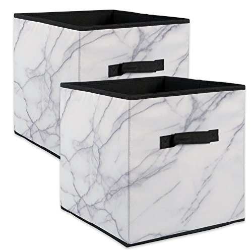 DII Polyester Foldable Square Laundry Organizing Cube Basket Bin, Set of 2, White Marble