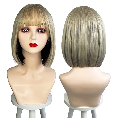 Lotfon Bob Wig with Bangs for American Womens Short Bob Wavy Hair Wigs for Women (Blonde Mix Black)