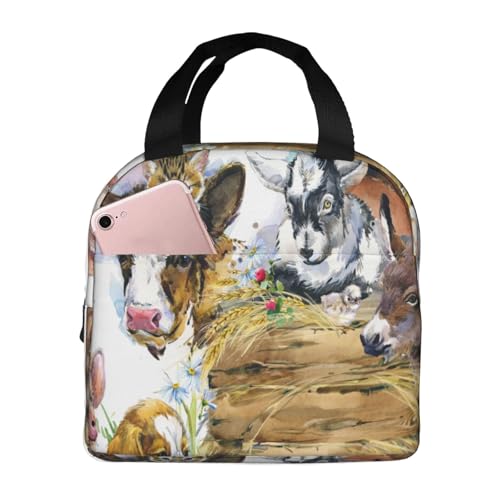断熱ランチバッグ 大容量 防水 熱漏れ防止 スタイリッシュで丈夫 仕事、学校、アウトドア活動に便利 男女兼用 (農場の動物コレクション かわいい子豚、鶏、犬、アヒルの子、羊、ヤギ、子牛、ロバ)