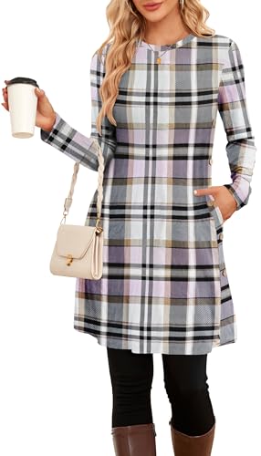 NARRAME Party-Pullover-Kleider für Damen, Frühling, Herbst, lässige Knöpfe, seitliches Langarmkleid mit Taschen, X-Large, Karo Rosa Gelb