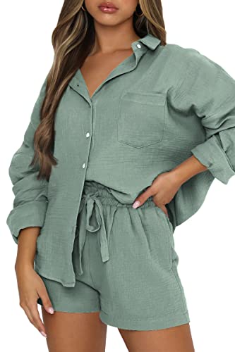 Image of Trendy Queen Two Piece Sets For Women Summer Short Sets | Matching Two Piece Pajama, Lounge Wear, Linen Set, Button-down Top with Matching Shorts, Perfect for Beach, Resort Wear