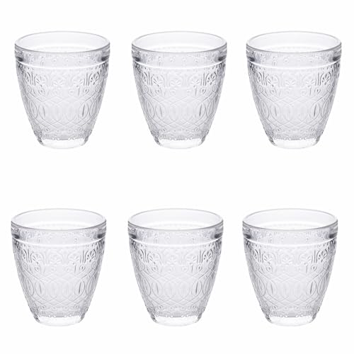 Set 6 bicchieri acqua New Marrakech In vetro Superficie lavorata Misure: Ø 8,8 x h. 10 cm Capacità: 330 ml Lavabili in lavastoviglie Colore: trasparente