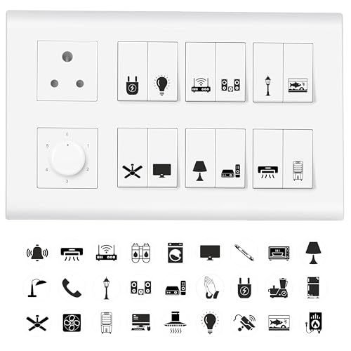 Image of 11 Strokes Black & White Switch Board Stickers for Home - 3 Self-Adhesive Sheets, Switchboard Label Stickers with Black Icons on Clear Vinyl, Decorative Electric Board Cover
