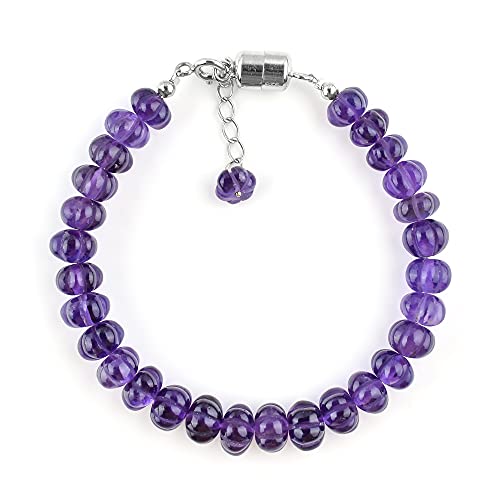 Qnavic Natural Carved Amethyst Gemstone Beads Handmade Bangle Bracelet For Women, Healing Chakra Crystals, Birthstone Jewelry, Rhodium Plating 925 Sterling Silver 8 Inch, Birthday Gift For Her #TOP5