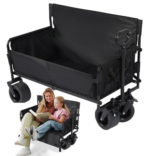 Wagon Bench Love Seat with PU Foam Wheels Heavy Duty 2-in-1 Foldable Beach Cart with 300L Storage Collapsible 330LBS Folding Cart Adjustable Handle & Cup Holders for Camping Beach Sports Garden