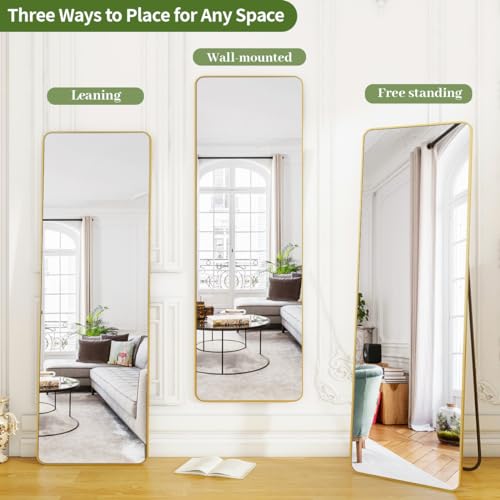 Image of BEAUTYPEAK 59 inchx16 inch Mirror Full Length, Standing or Leaning Rounded Corner Full Body Floor Mirror with Metal Framed,Suitable for Living Room or Bathroom,Gold