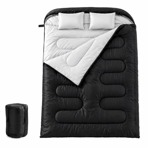 Simple Deluxe Double Sleeping Bag for Adults Mens with Pillow, XL Queen Size Two Person Sleeping Bag for All Season Camping Hiking Backpacking 2 Person Sleeping Bags for Cold Weather & Warm, Black