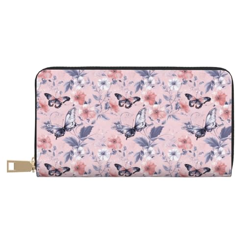 Elegant Flowers and Butterflies Print Wallet Women Men, Long PU Leather Wallets for Women, Cute Womens Travel Wallet Purse Pouch with Zipper Pocket