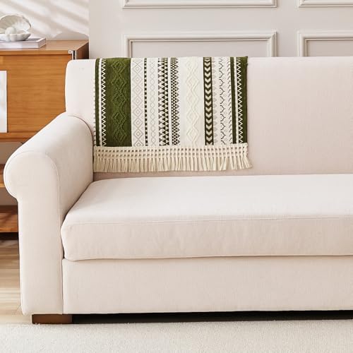 Image of HOKIPO Nordic Boho Geometric Sofa Backrest Cover with Tassel 'NordicTassel Series', Olive Meadow (AR-6551-GRN)